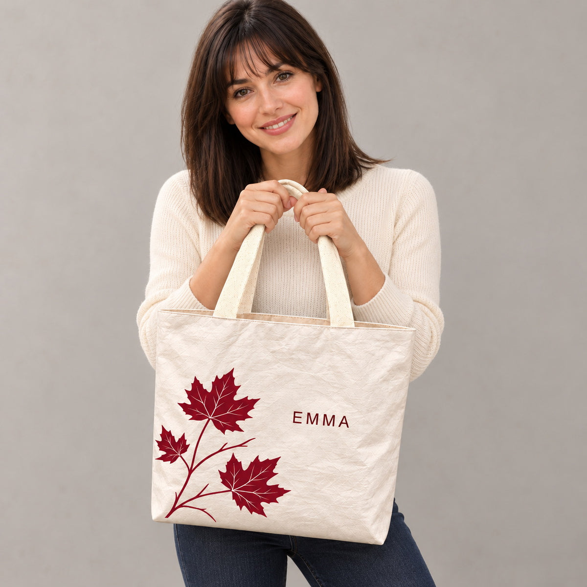 Personalized Cream Maple Leaf Tote Bag with Custom Name showing the custom name and botanical design detail