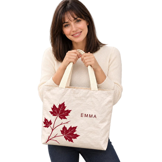 Personalized Cream Maple Leaf Tote Bag with Custom Name showing the custom name and botanical design detail