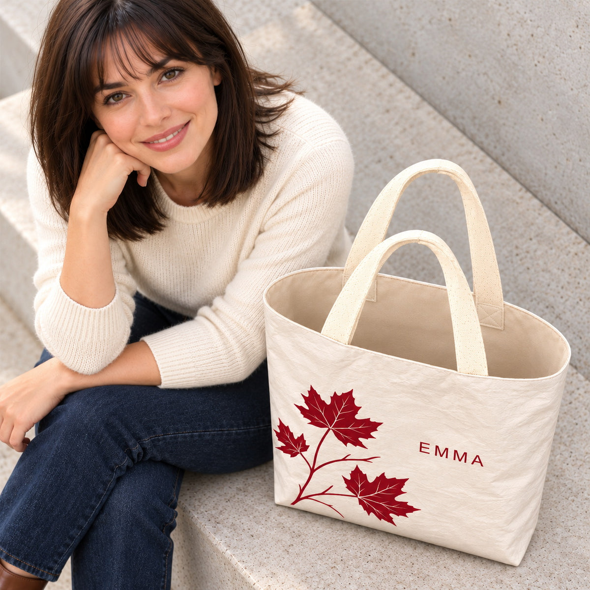 Personalized Cream Maple Leaf Tote Bag with Custom Name showing the paper-like exterior and interior view