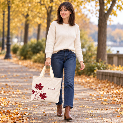 Personalized Cream Maple Leaf Tote Bag with Custom Name styled for seasonal walking outfits