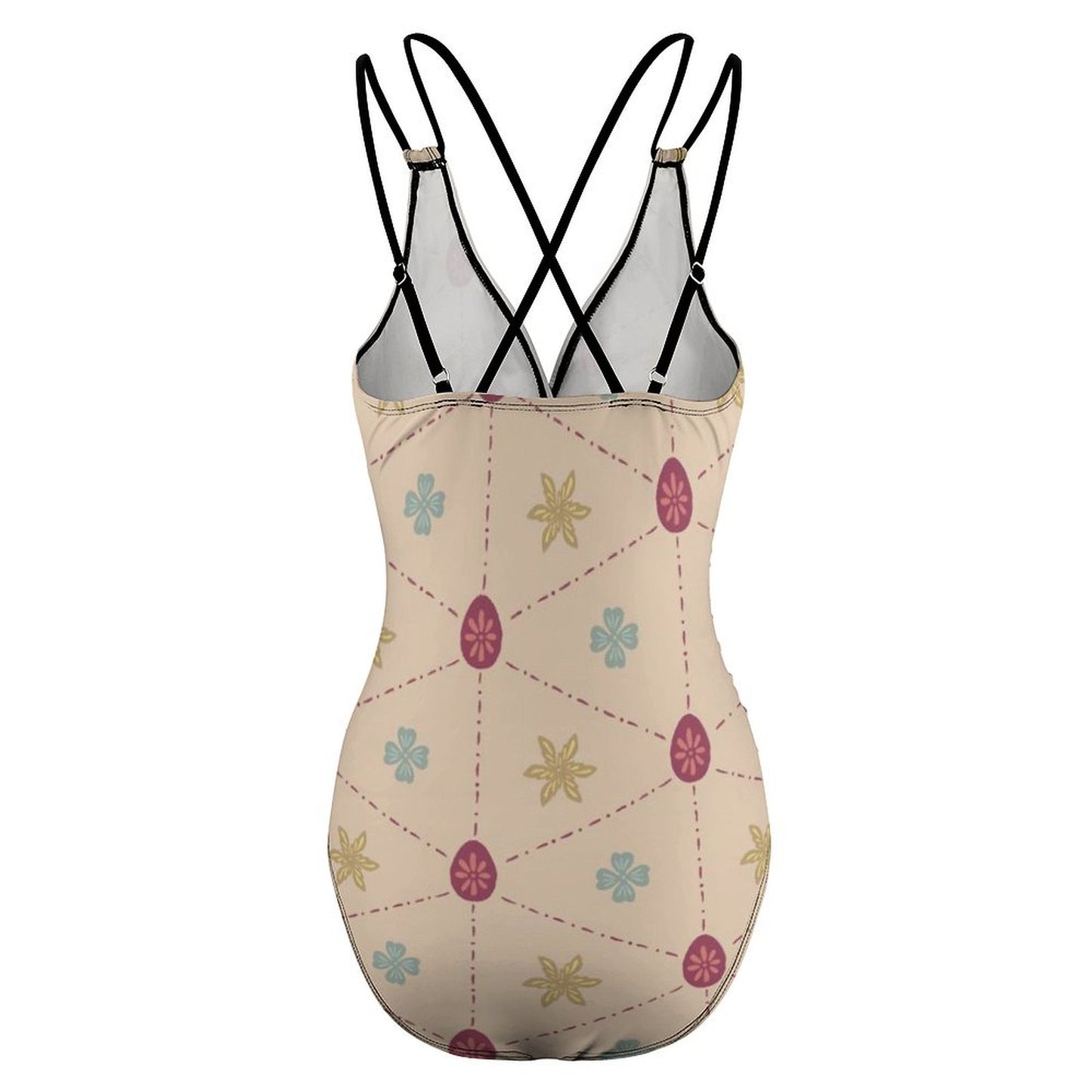 Printed One Piece Swimsuit for Women, Crisscross Back Slimming Bathing Suit, back view.