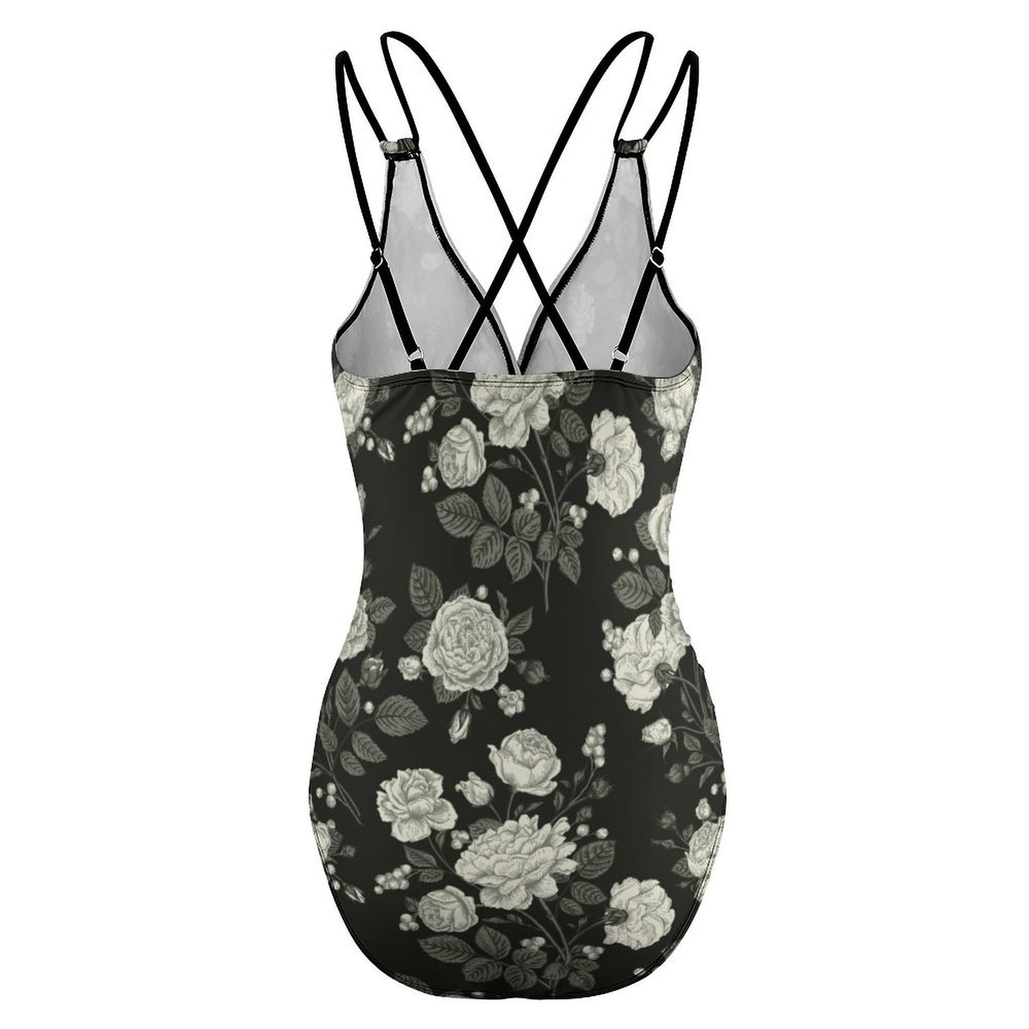 Crisscross Back Tie Swimsuit Detail View, Double Straps, Black Floral Print.