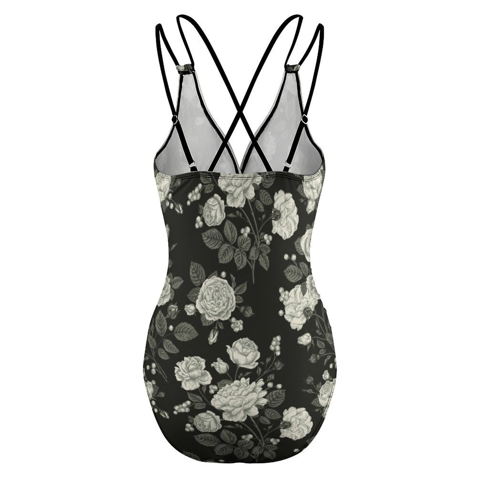 Crisscross Back Tie Swimsuit Detail View, Double Straps, Black Floral Print.