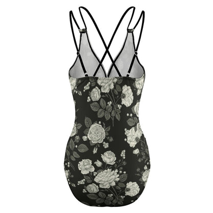 Crisscross Back Tie Swimsuit Detail View, Double Straps, Black Floral Print.