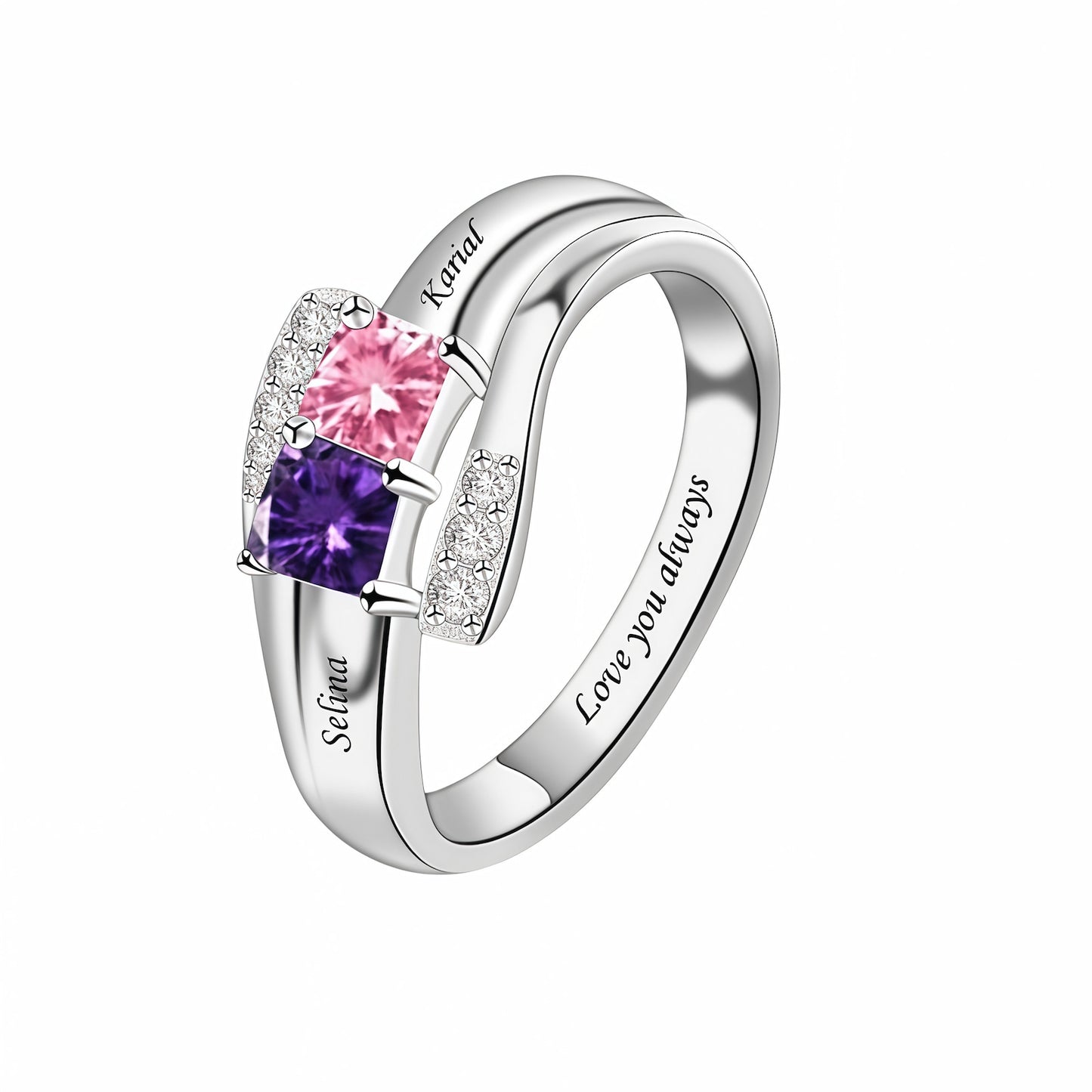 Personalized Mother's Ring: Two Simulated Birthstones & Engraved Names