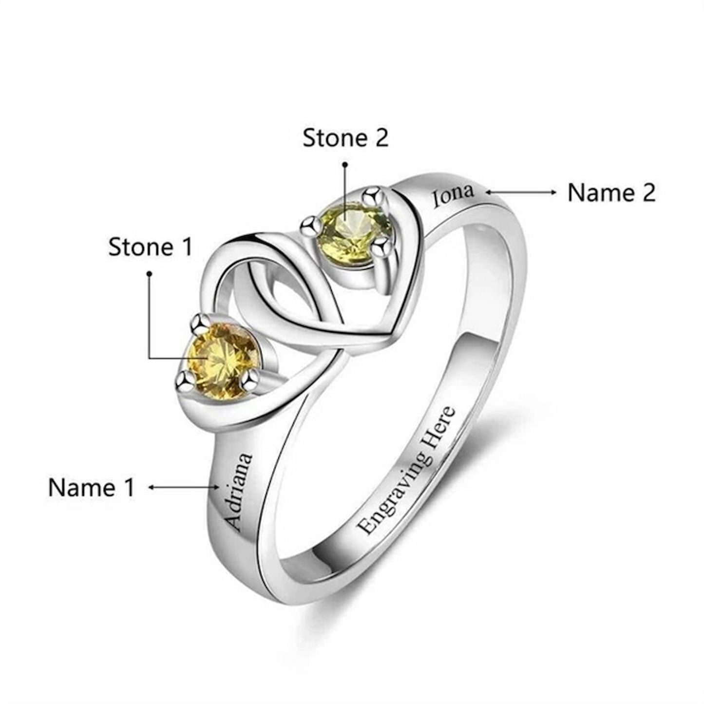 Custom 2 name birthstone ring placement guide (Adriana, Iona) with stone labels.