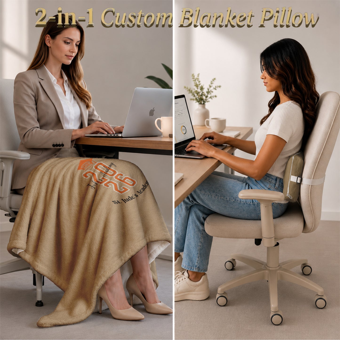 Split view with blanket on lap and pillow on chair.