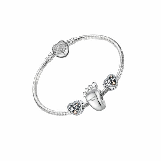 Custom 925 Sterling Silver Charm Bracelet with MOM heart and engravable baby footprint.