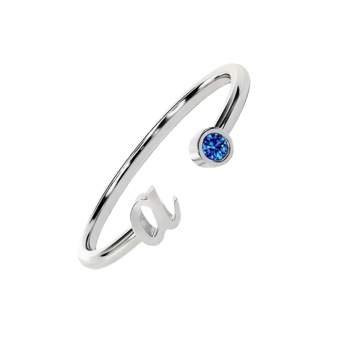 Custom 925 sterling silver initial a ring with blue birthstone.