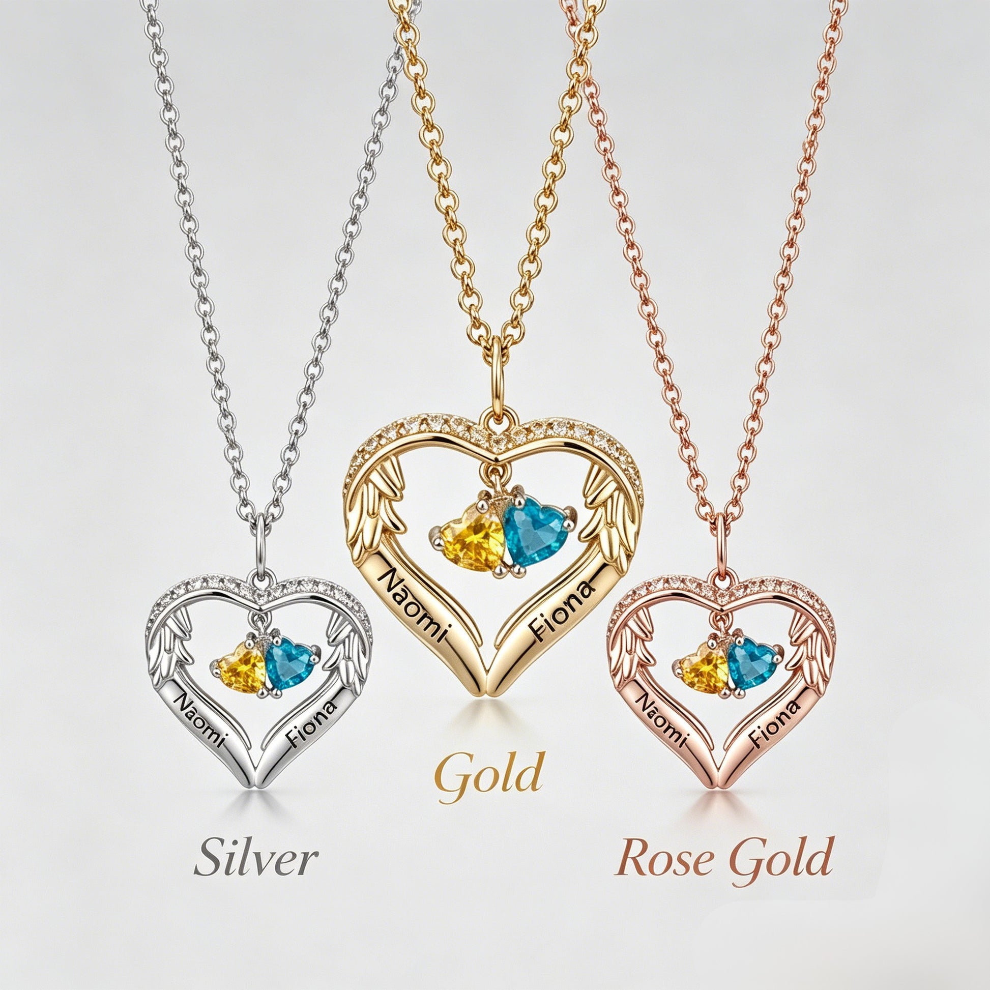 Angel wing heart birthstone necklace in three finishes