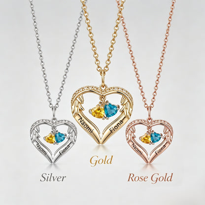 Angel wing heart birthstone necklace in three finishes