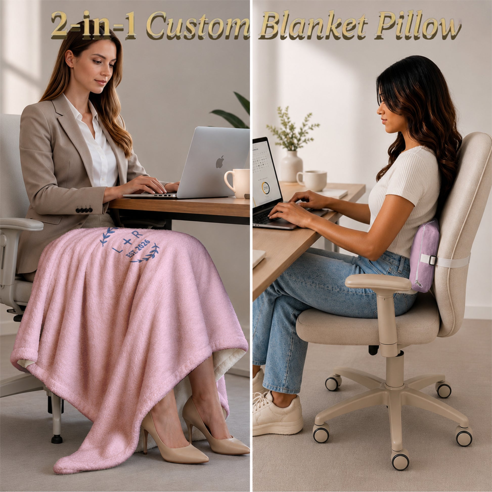 Woman using the blanket on her lap and as a back pillow.