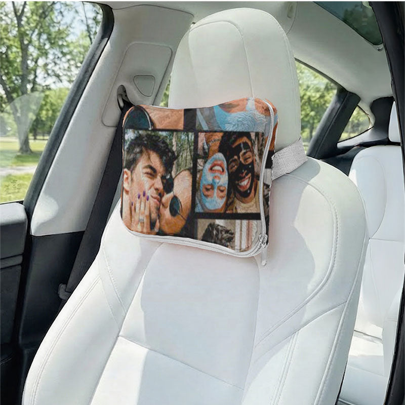 Custom anniversary photo pillow used as a car headrest.