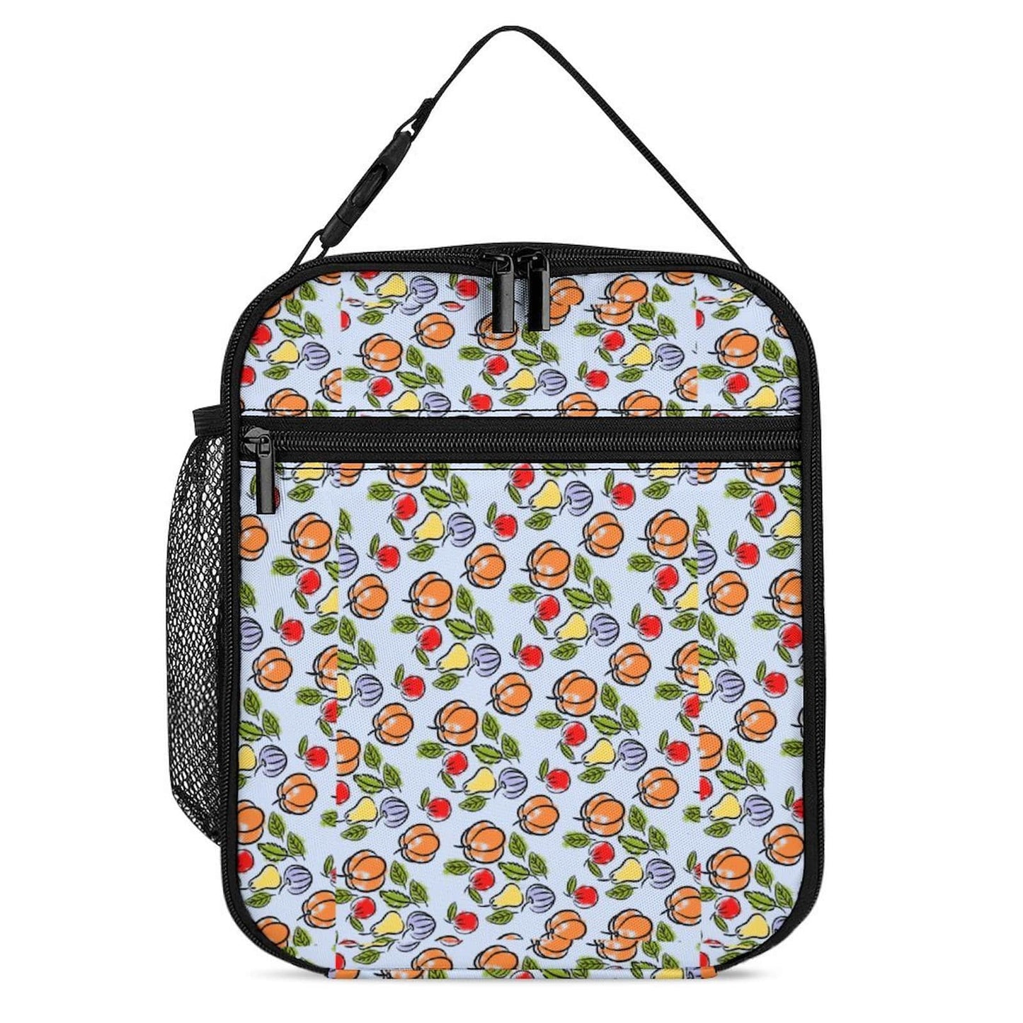 Custom Berry Print Lunch Tote Bag - front view showing zipper pockets and handle.