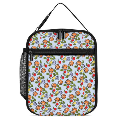 Custom Berry Print Lunch Tote Bag - front view showing zipper pockets and handle.