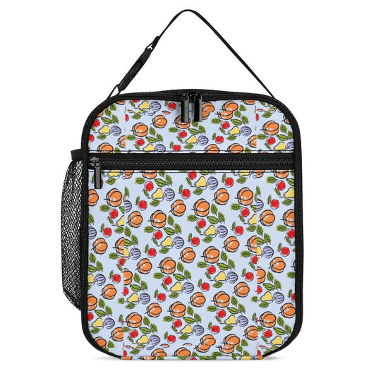 Custom Berry Print Lunch Tote Bag - front view showing zipper pockets and handle.