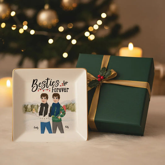 Custom best friend Christmas gift dish near a present.