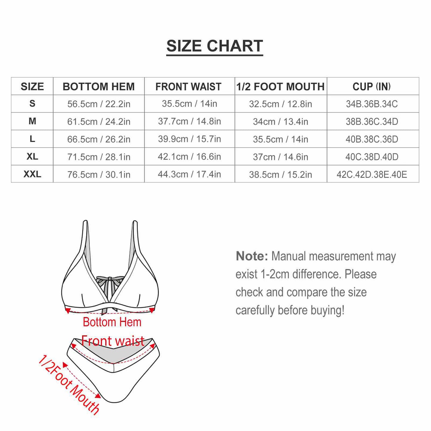 Custom Print Triangle Bikini size chart. Personalized Swimsuit measurements.