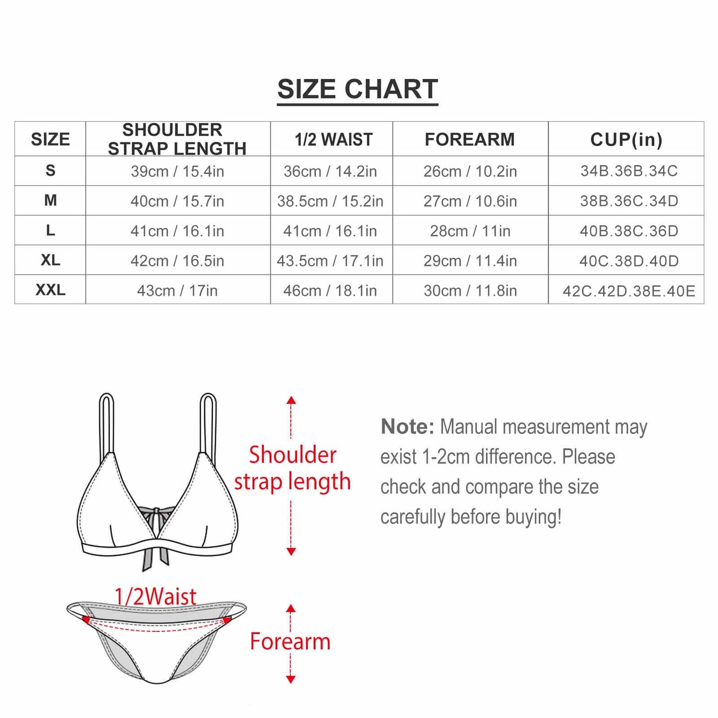 Custom triangle bikini size chart. Dimensions for strap, waist, forearm, and cup size.