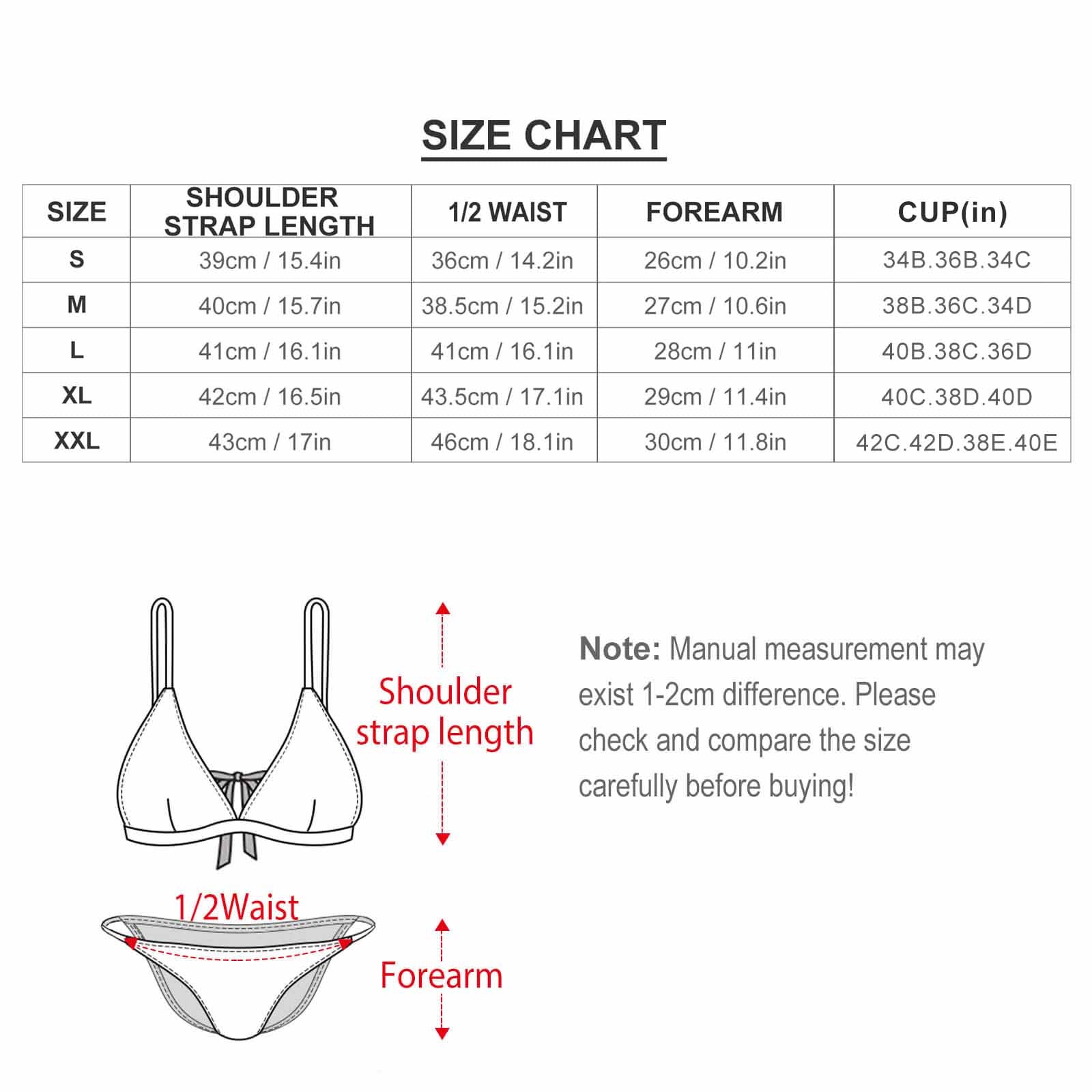 Custom triangle bikini size chart. Dimensions for strap, waist, forearm, and cup size.