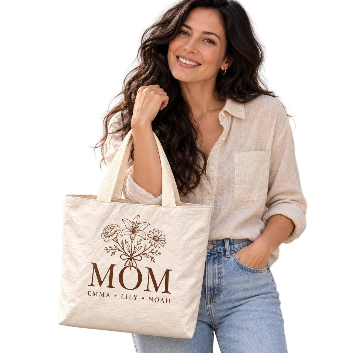 Personalized Birth Flower Mom Tote Bag with Kids' Names - custom design detail