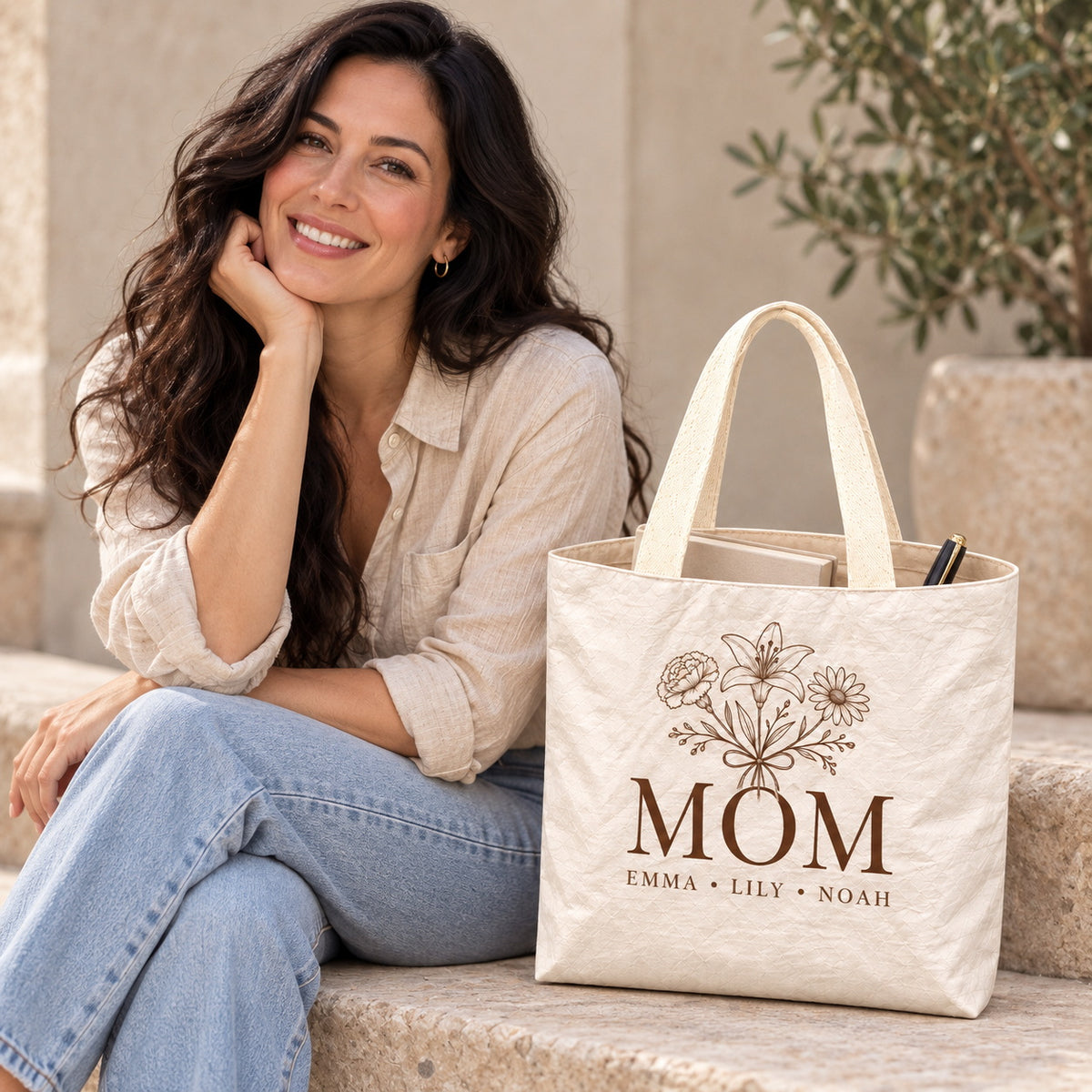 Personalized Birth Flower Mom Tote Bag with Kids' Names - open interior single compartment view