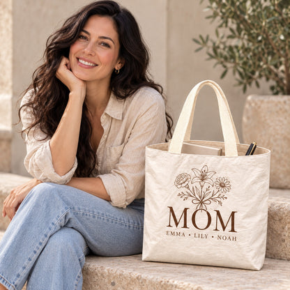 Personalized Birth Flower Mom Tote Bag with Kids' Names - open interior single compartment view