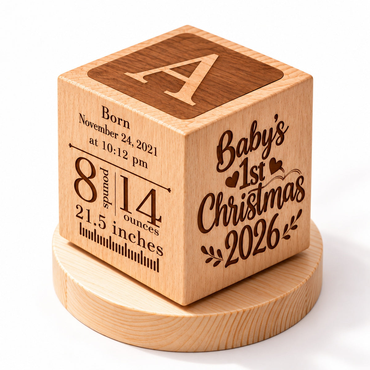 Custom wood baby keepsake cube engraved with birth date, time, weight, height, and Baby's First Christmas message