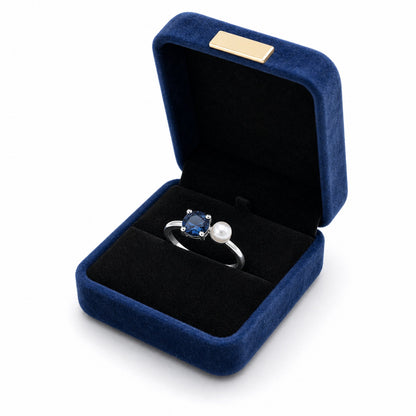 Custom birthstone and pearl open ring gift box view