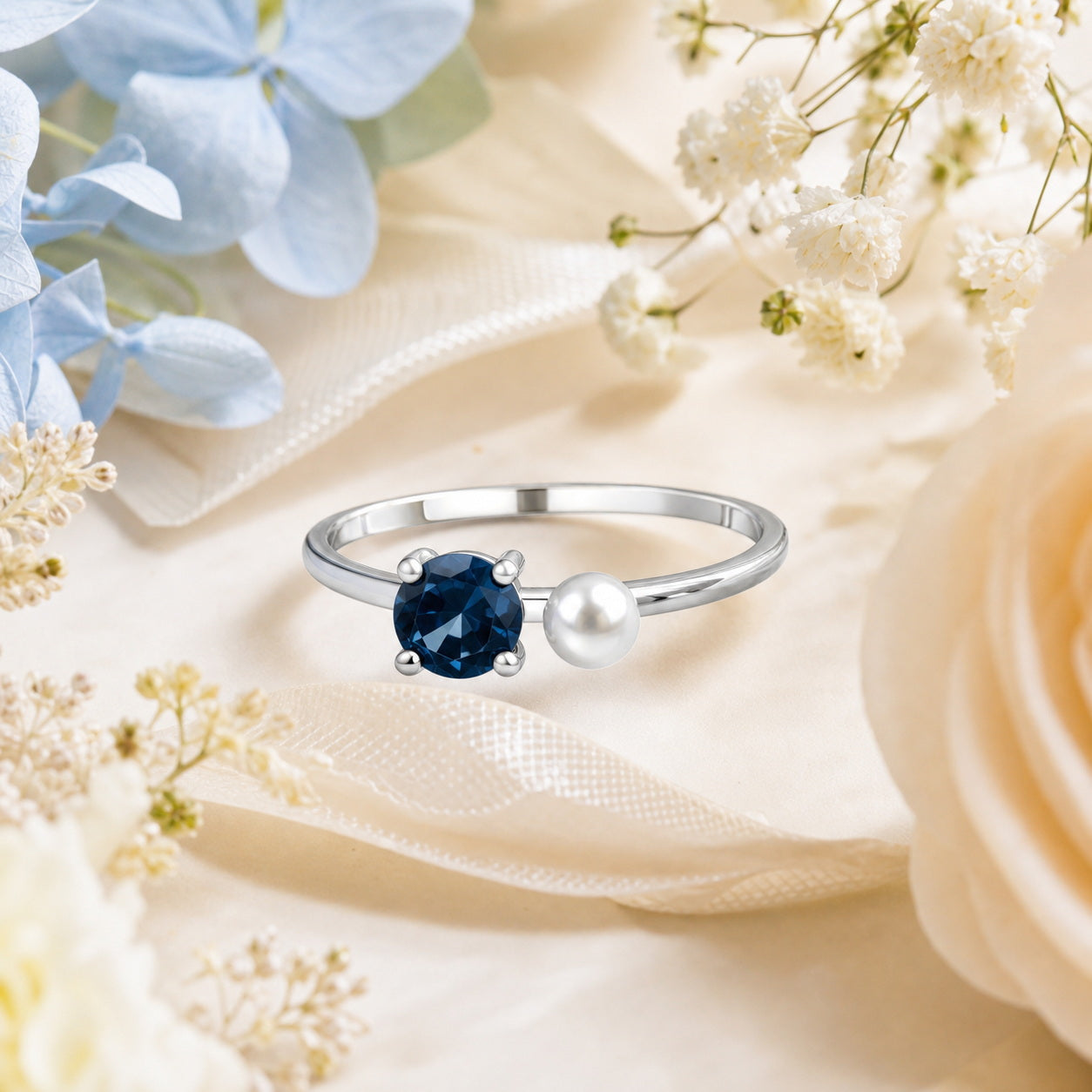Custom birthstone and pearl open ring lifestyle view