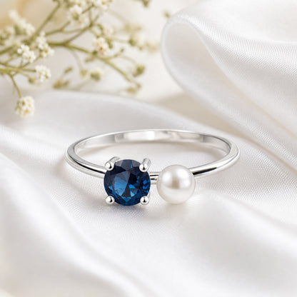 Custom birthstone and pearl open ring styled view ring