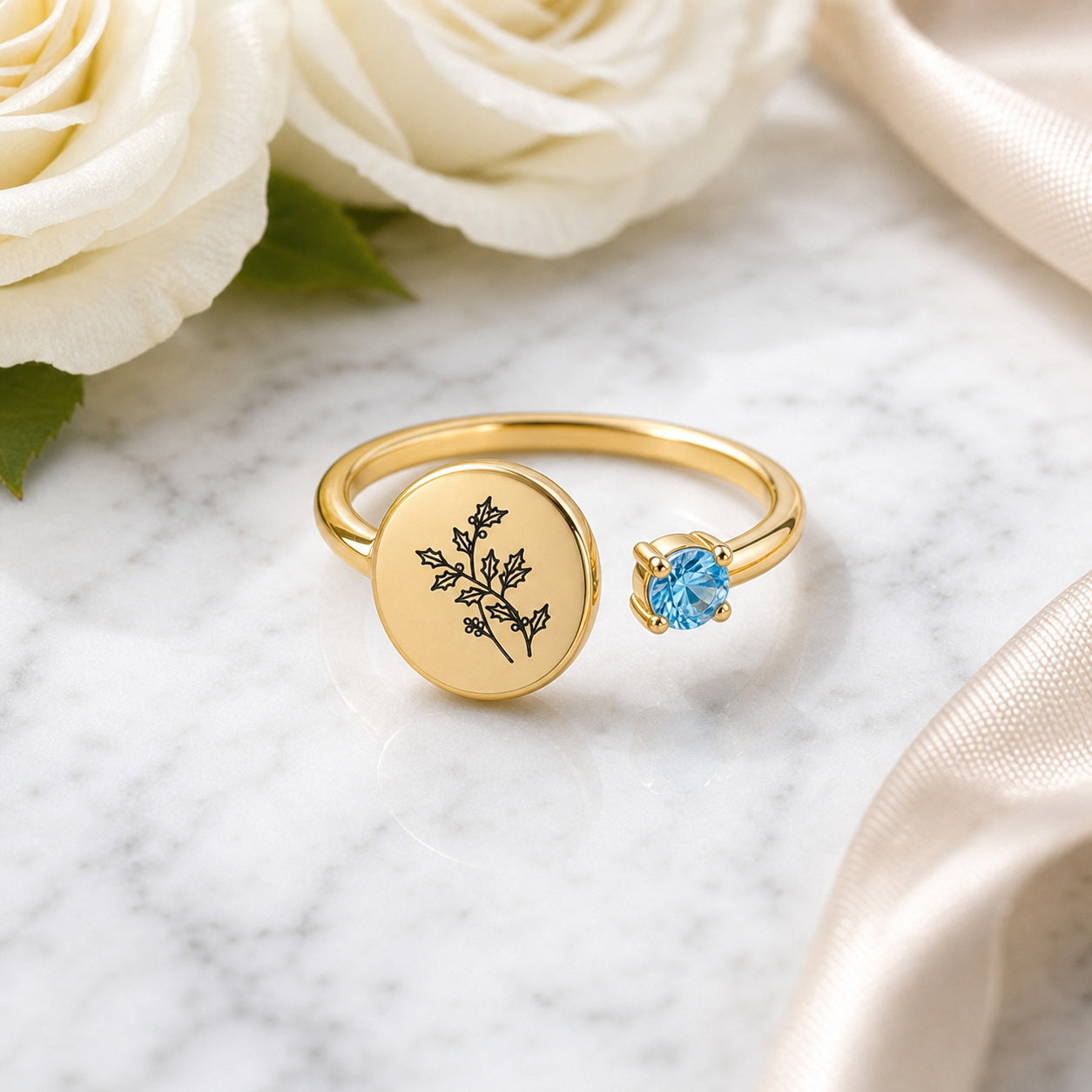 Custom botanical disc ring side view