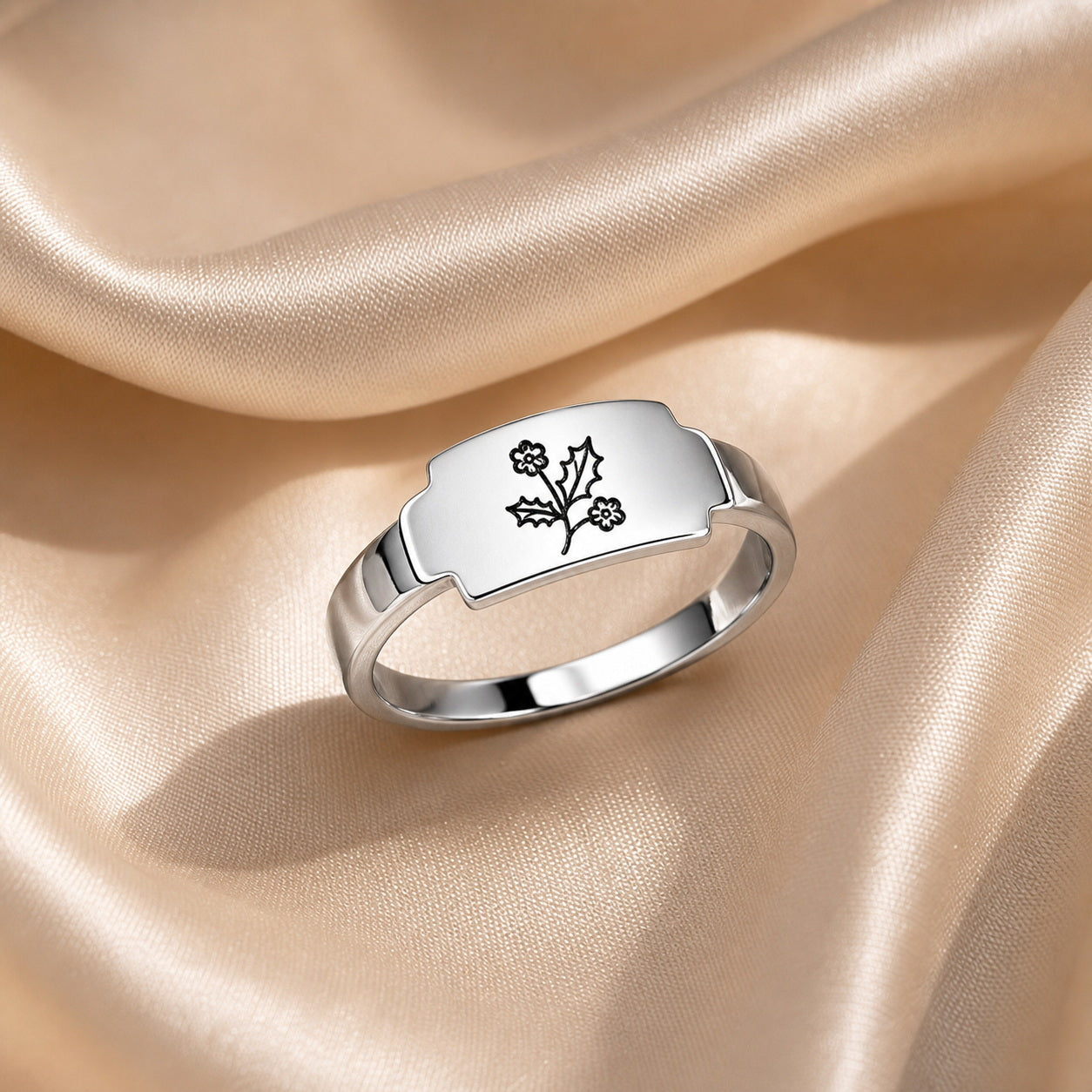 Custom botanical engraved wrap ring detail view