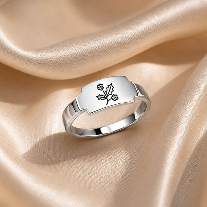 Custom botanical engraved wrap ring detail view