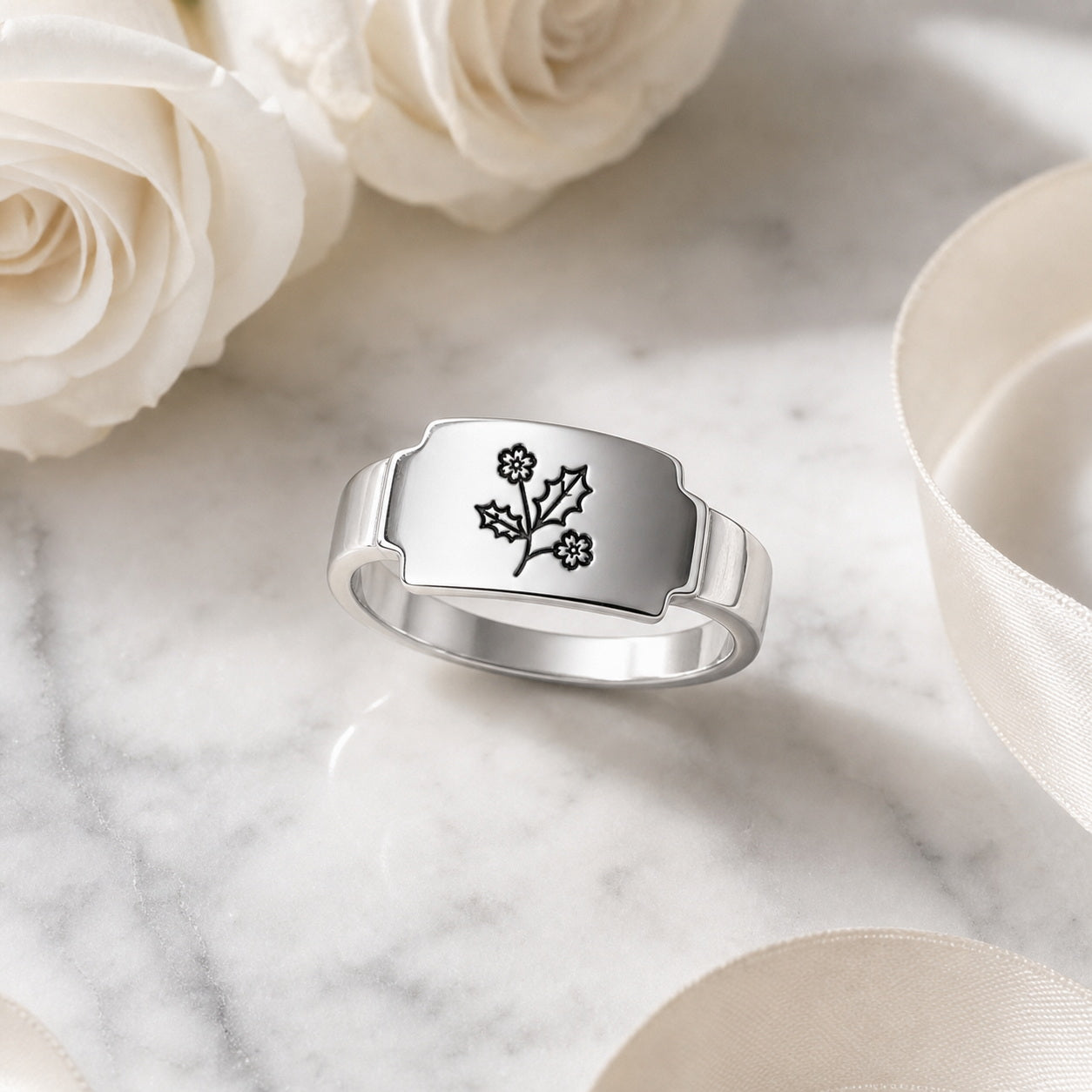 Custom botanical engraved wrap ring side view