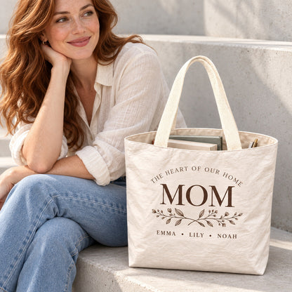 Personalized Botanical MOM Tote Bag with Kids' Names - open interior single compartment view