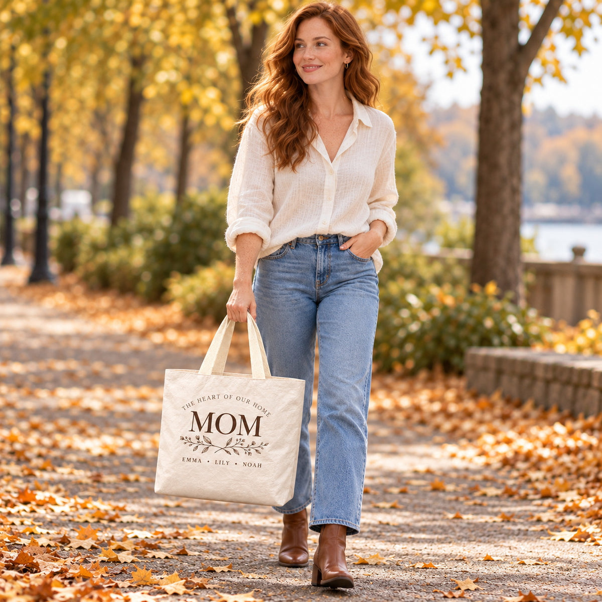 Personalized Botanical MOM Tote Bag with Kids' Names - outdoor model styling view