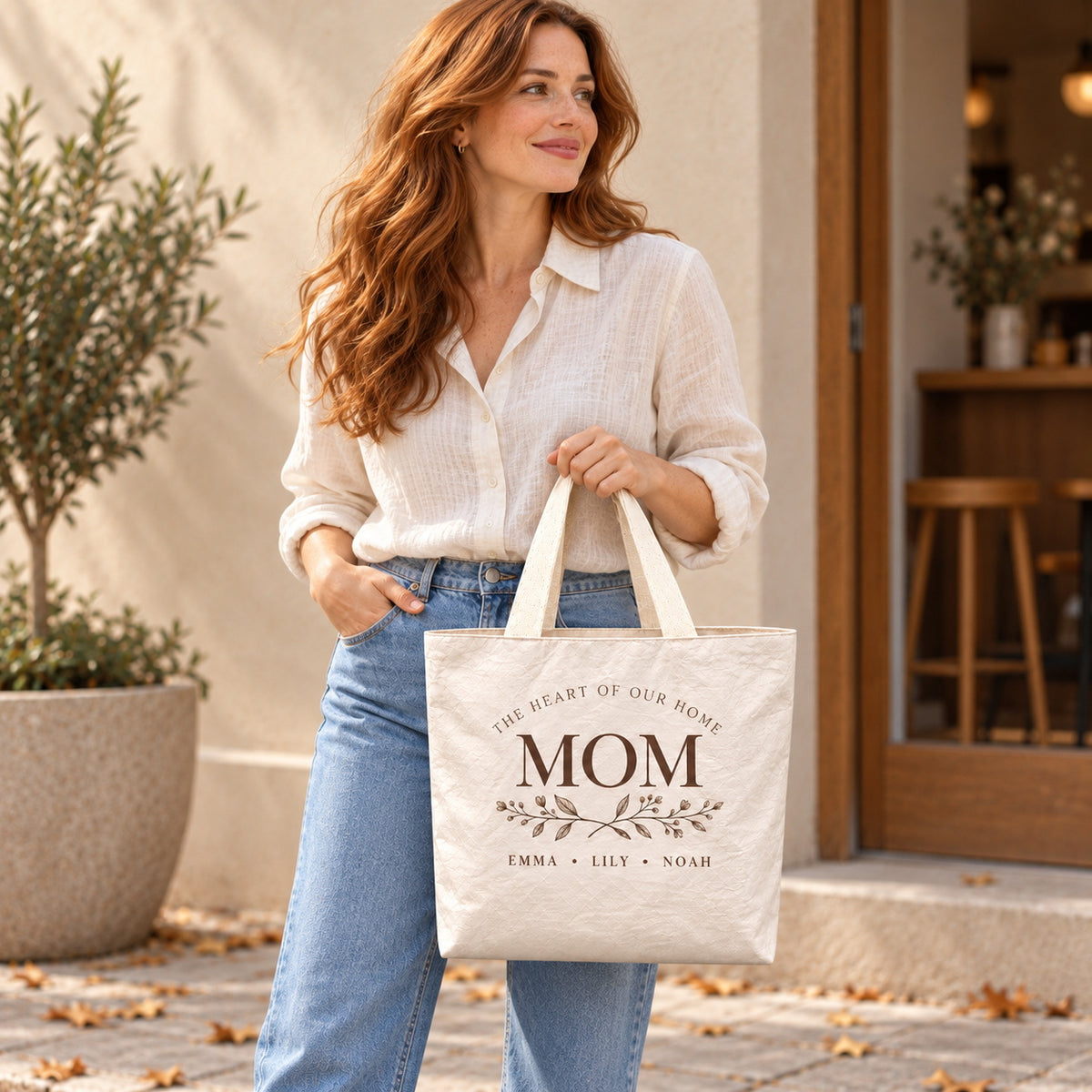 Personalized Botanical MOM Tote Bag with Kids' Names - personalized lifestyle scene