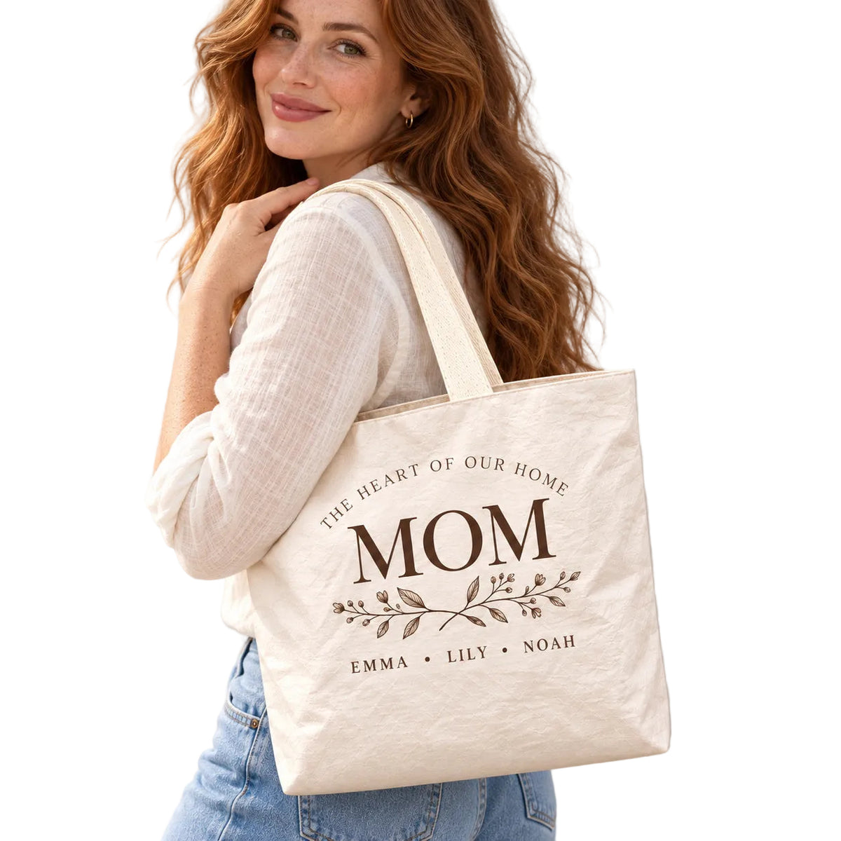 Personalized Botanical MOM Tote Bag with Kids' Names - shoulder carry outfit view