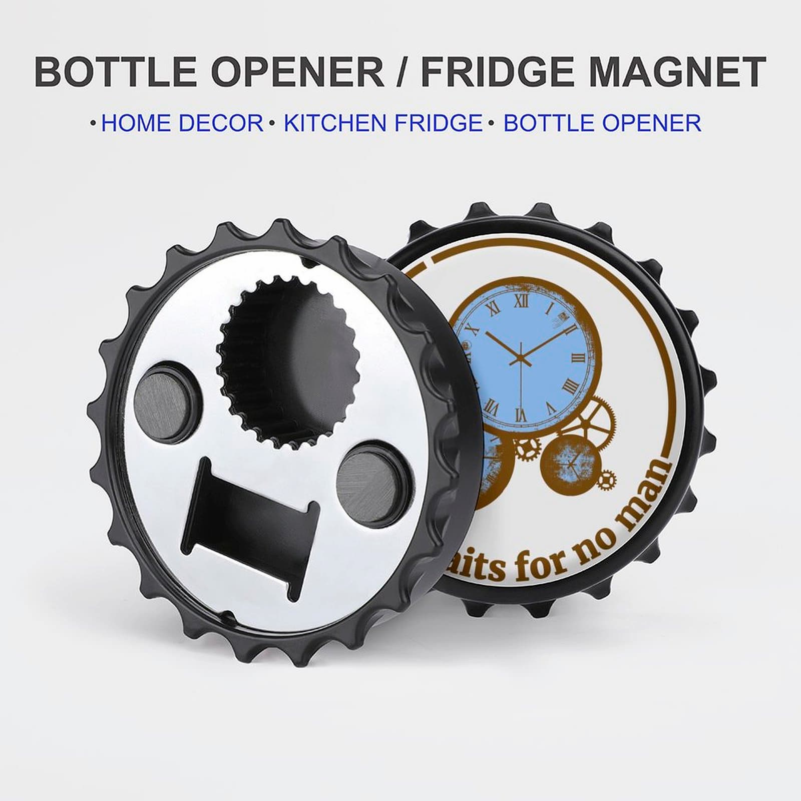 Front and back view of the personalized bottle opener/fridge magnet, highlighting the magnetic side and the unique bottle cap design.