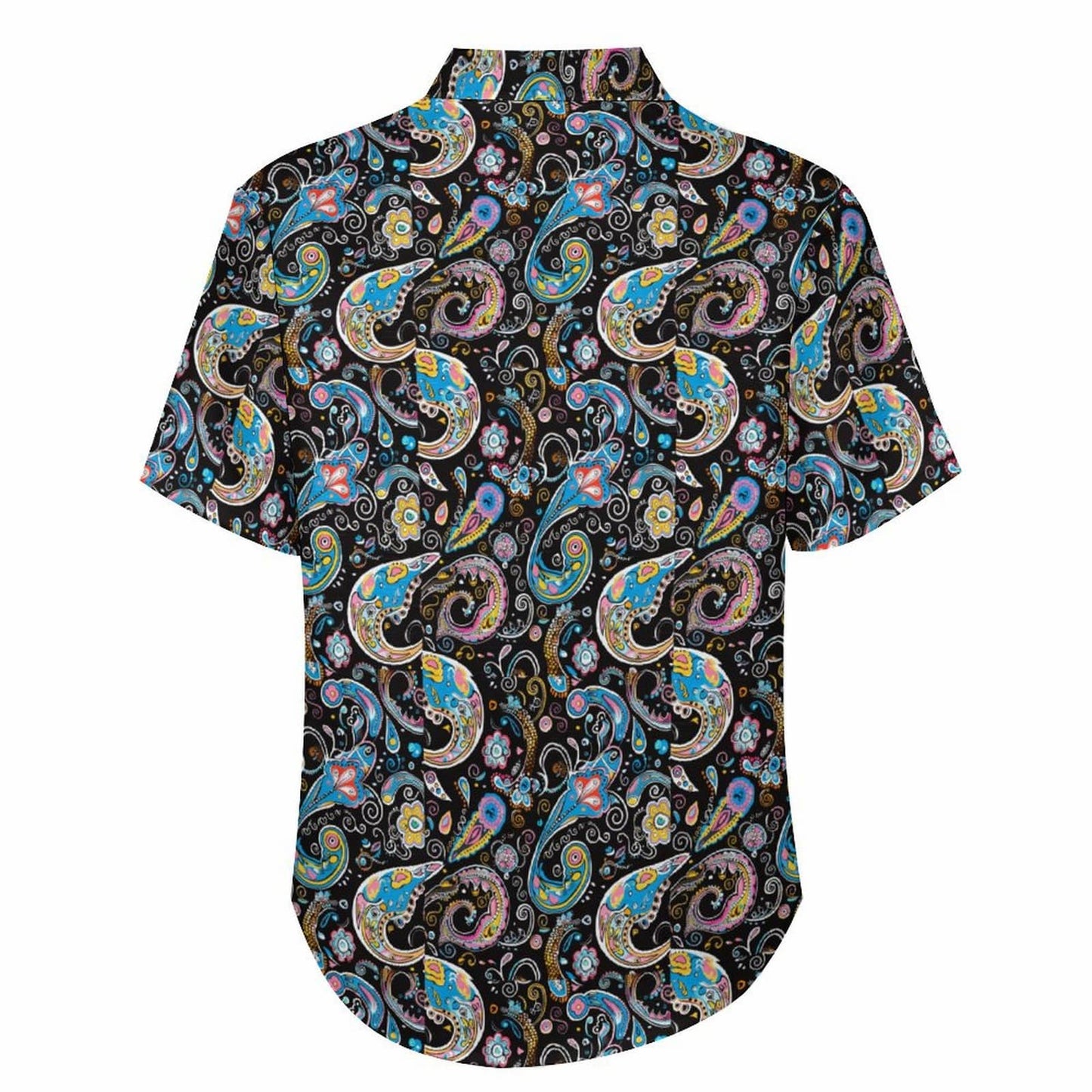 Custom button down men's paisley floral shirt, back view.