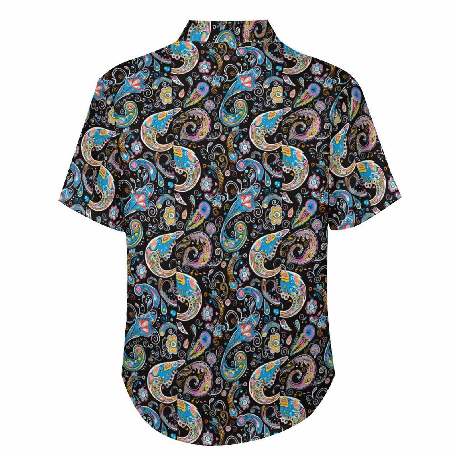 Custom button down men's paisley floral shirt, back view.