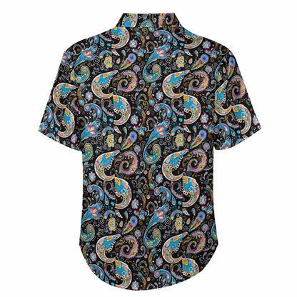 Custom button down men's paisley floral shirt, back view.