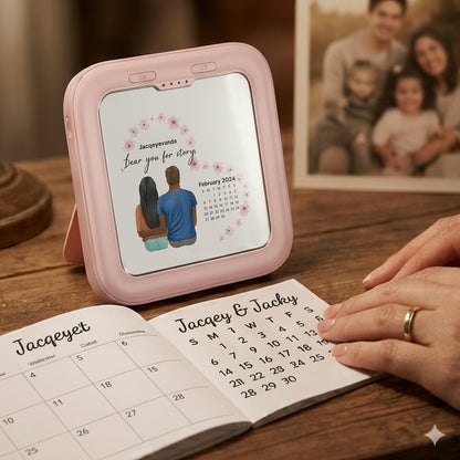 Custom calendar power bank featuring a couple illustration.