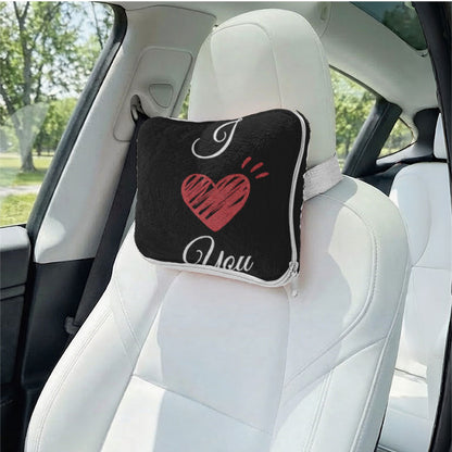 Personalized photo pillow used as a car headrest gift for girlfriend.