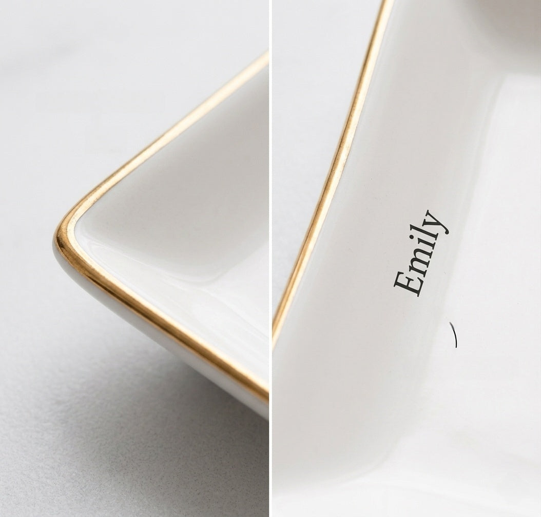 Close-up of custom name and graduation year dish