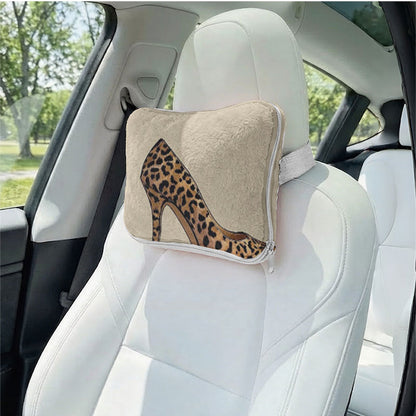 Personalized cheetah print car headrest travel pillow.