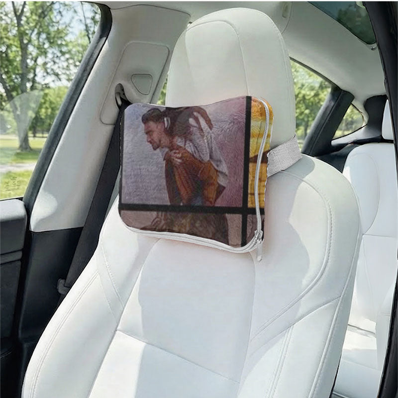 Personalized couple photo car headrest travel pillow.
