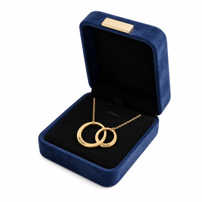Custom couples name necklace in a blue gift box