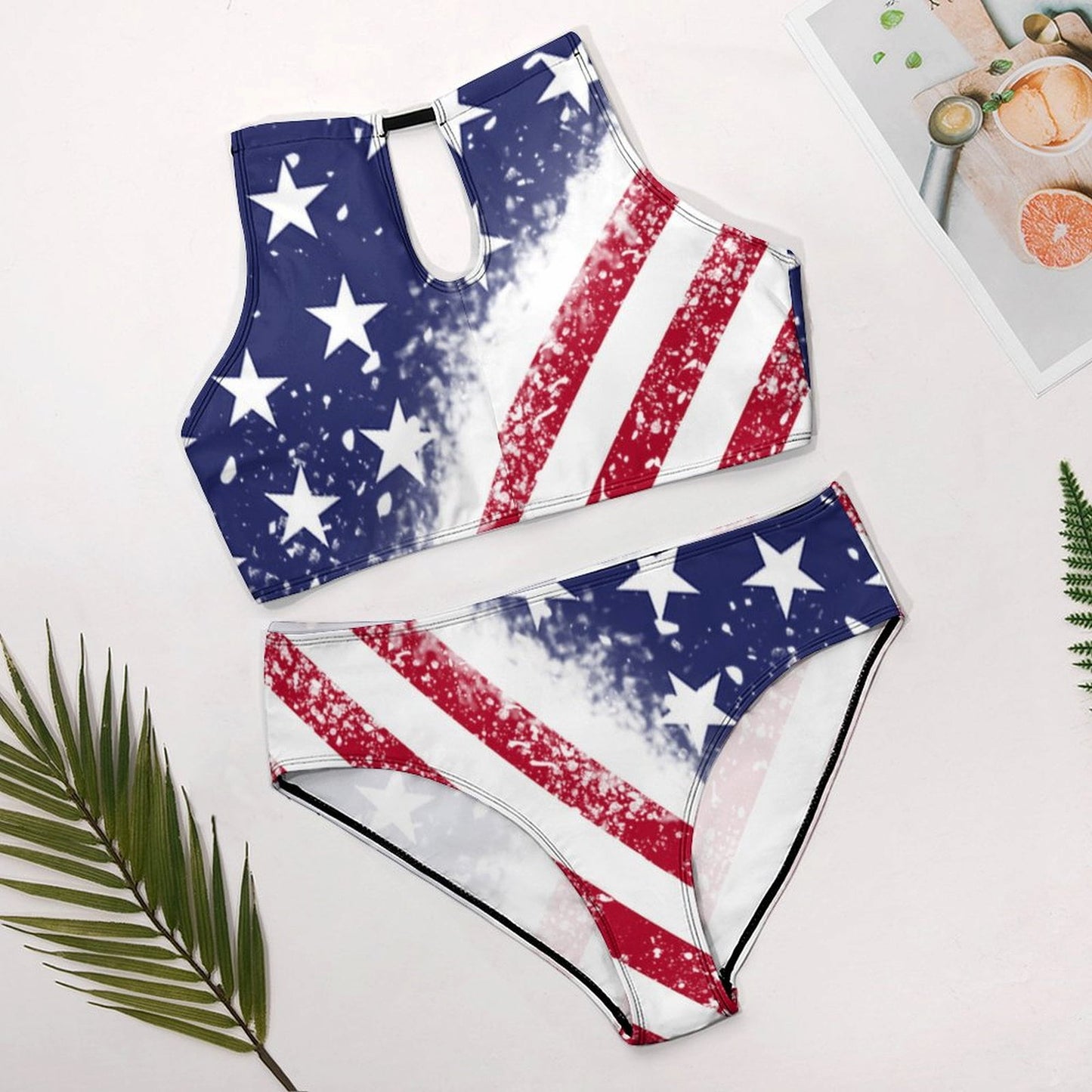 Flat Lay: Personalized High Neck Crop Top Bikini - American Flag Design